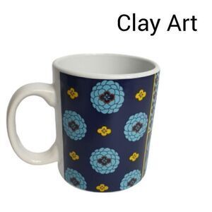 Clay Art Coffee Mug Lg 16oz Holiday Blue & Yellow Designs Ceramic 16 Oz NEW